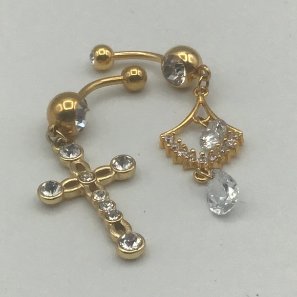 Goldtone Belly Button Rings Dangle with Cubic Zirconia - Picture 3 of 7
